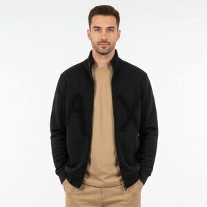 Armani Exchange Black Logo Chest Terry Zip Up Athletic Sport Collarless Jacket